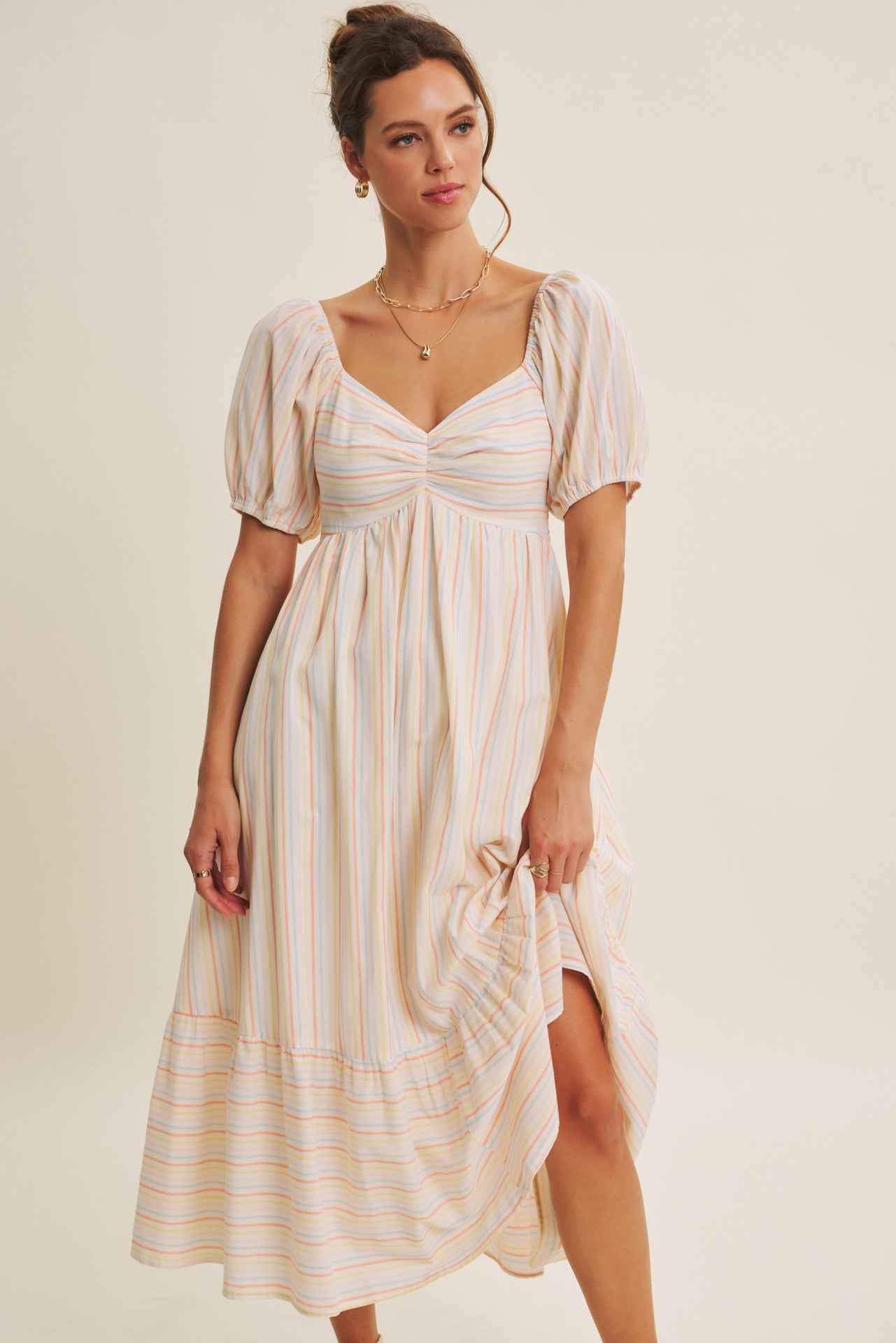 Ruched Bust Stripe Babydoll Midi Dress Large / Fuchsia Mix