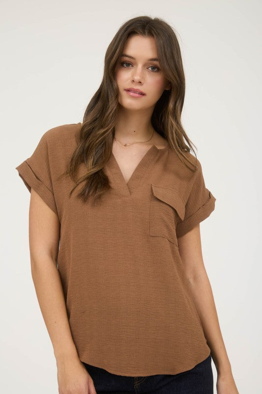 Split Neck Back Button Top