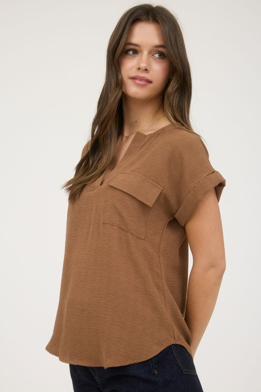 Split Neck Back Button Top
