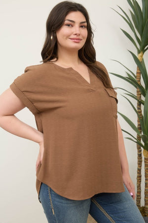 Plus Split Neck Back Button Top