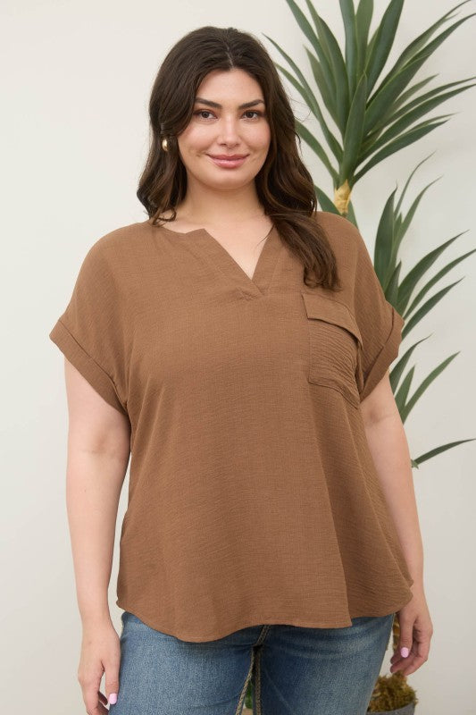 Plus Split Neck Back Button Top