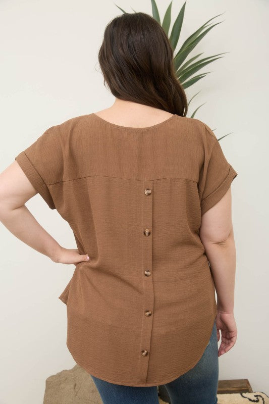 Plus Split Neck Back Button Top
