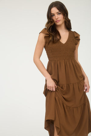 Flutter Sleeve Smock Midi Dress