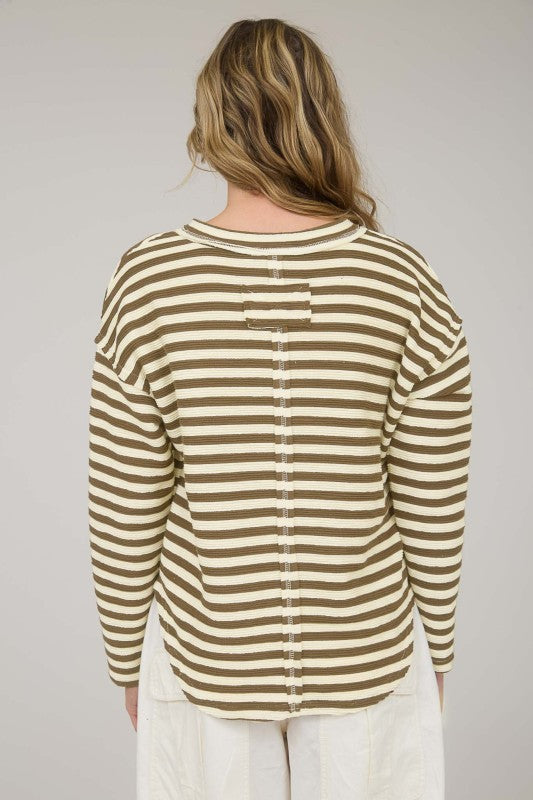 Striped LS Split Placket Top