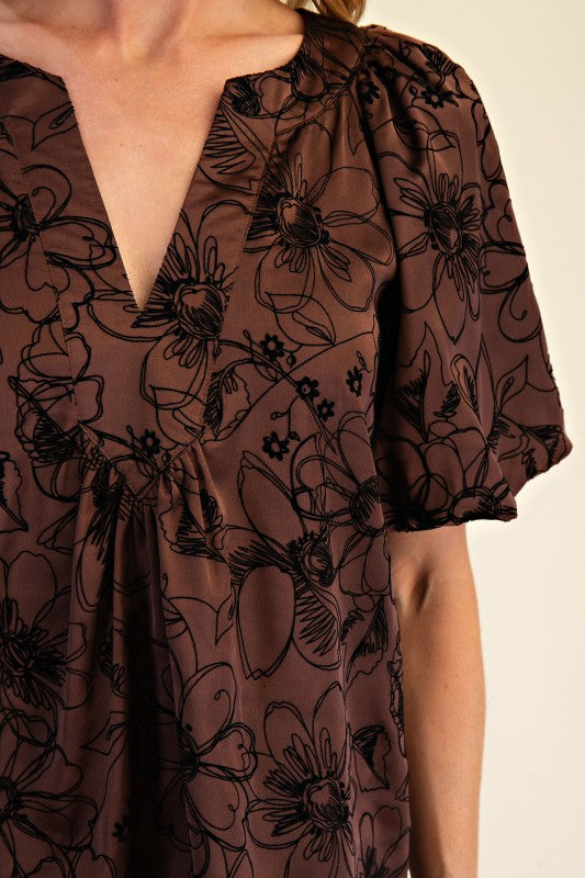 Stitch Placket Puff Sleeve Print Top