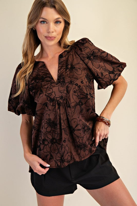 Stitch Placket Puff Sleeve Print Top
