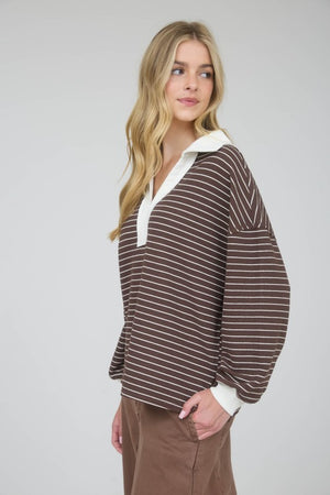 Contrast Collar LS Striped Top