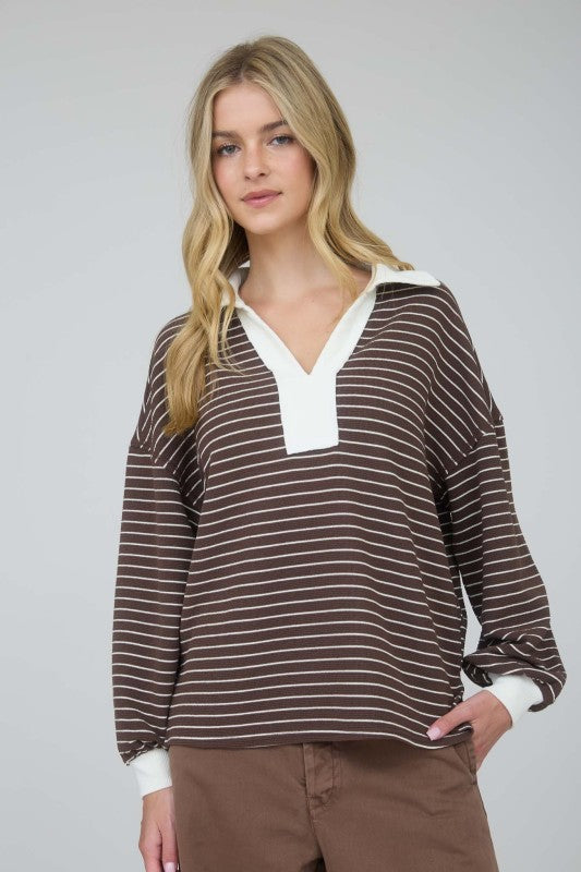 Contrast Collar LS Striped Top