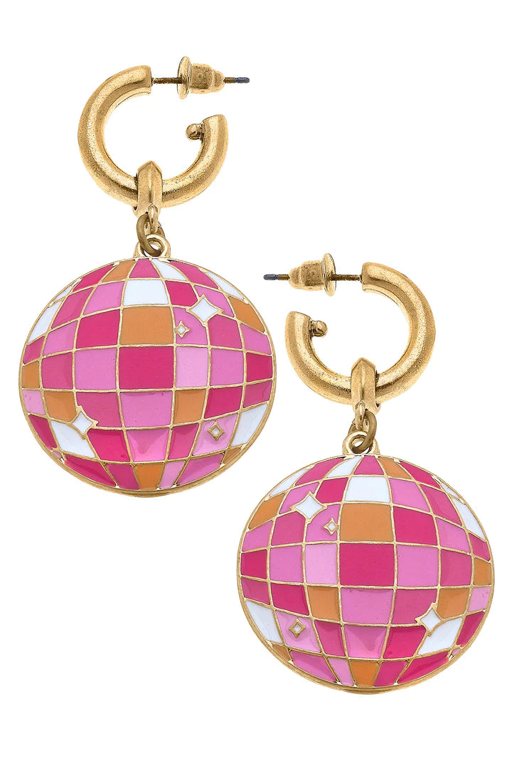 Disco Ball Enamel Drop Hoop Earrings