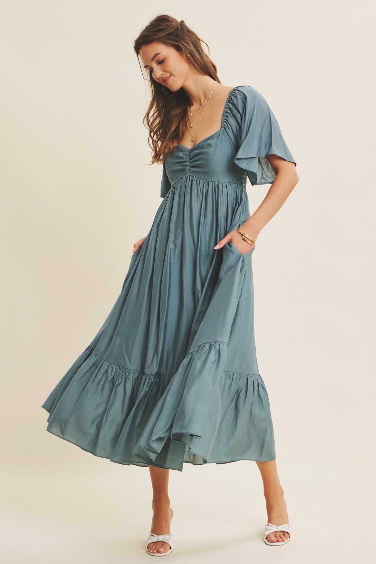 Ruched Bust New Babydoll Midi Dress Dusk Blue / Small
