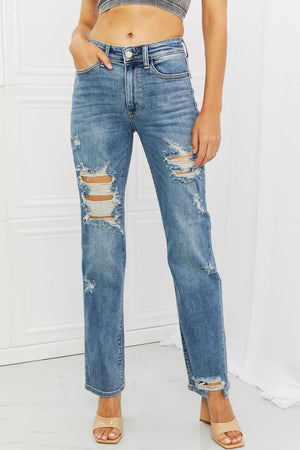 Mid Rise Destroyed Straight Jeans