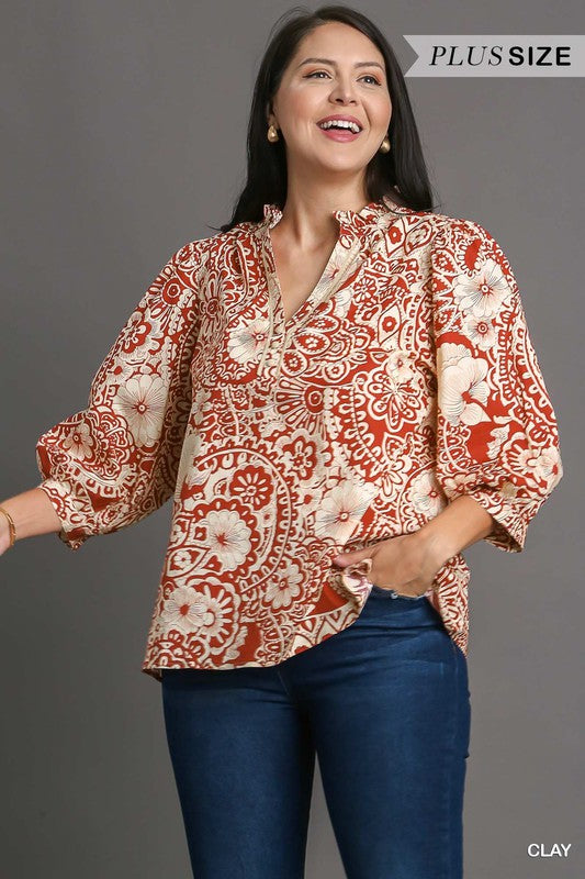 Plus Notch Ruffle Neck Paisley Top