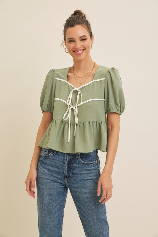 Contrast Binding Bow Babydoll Top