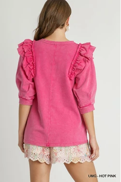 French Terry 3/4 Sleeve Ruffle Top
