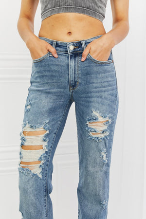 Mid Rise Destroyed Straight Jeans