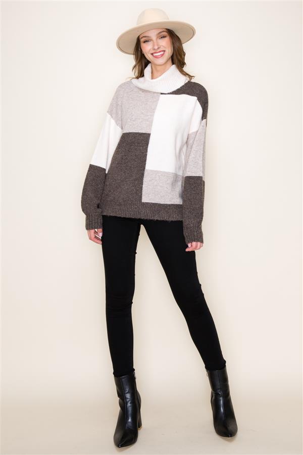 Colorblock Balloon Sleeve Turtleneck Sweater