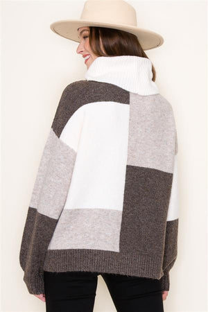 Colorblock Balloon Sleeve Turtleneck Sweater