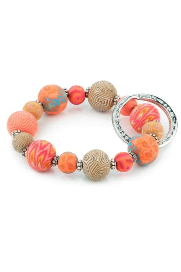 Small Coral Crush Bead Bracelet Keychain Keyring