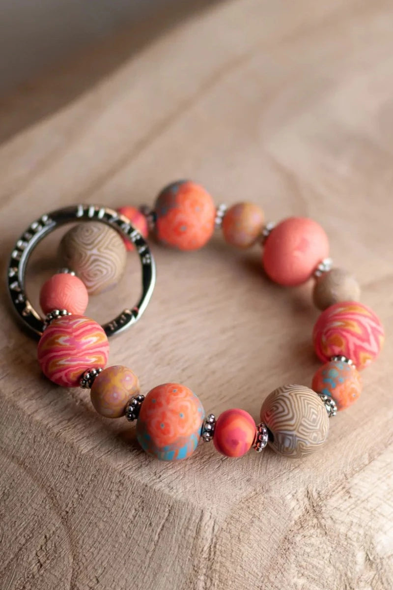 Small Coral Crush Bead Bracelet Keychain Keyring