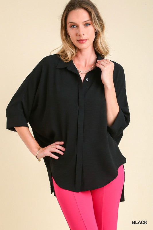 Hidden Button 3/4 Sleeve Collar Top
