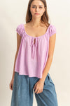 Tie Front Crop Sleeve Peasant Top