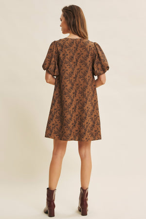 Bubble Sleeve Textured Print Dress