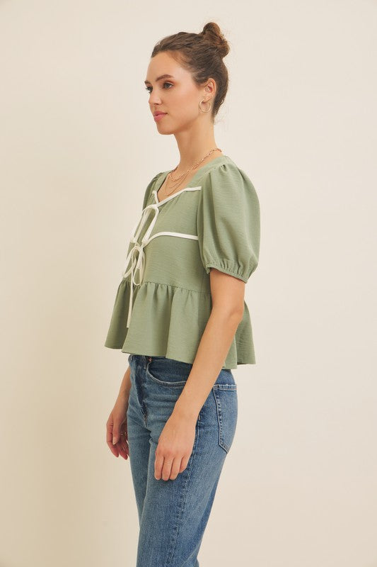 Contrast Binding Bow Babydoll Top