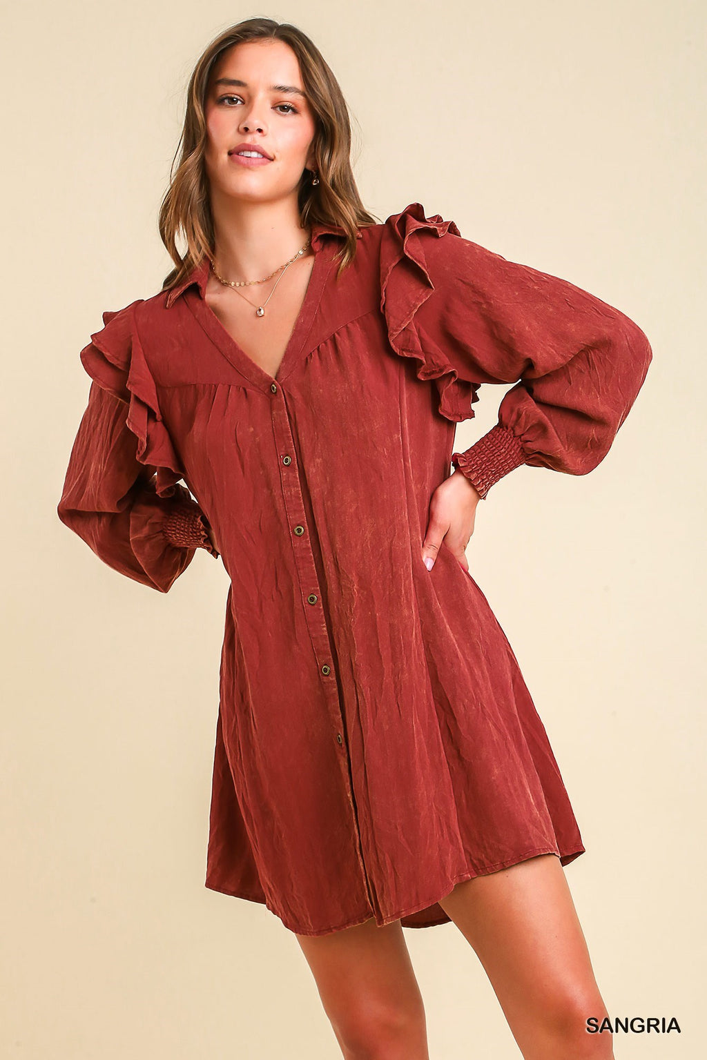 Snow Washed Ruffle Sleeve Dress