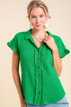 Fray Trim Cotton Gauze Button Top