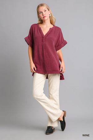 Cuff Sleeve Cotton Gauze Top