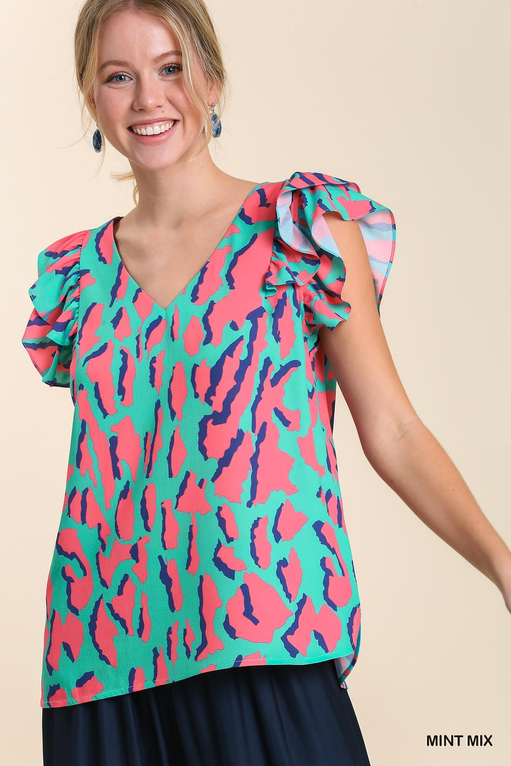 Double Ruffle Abstract Print Top