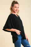 Ruffle Sleeve V-Notch Linen Top