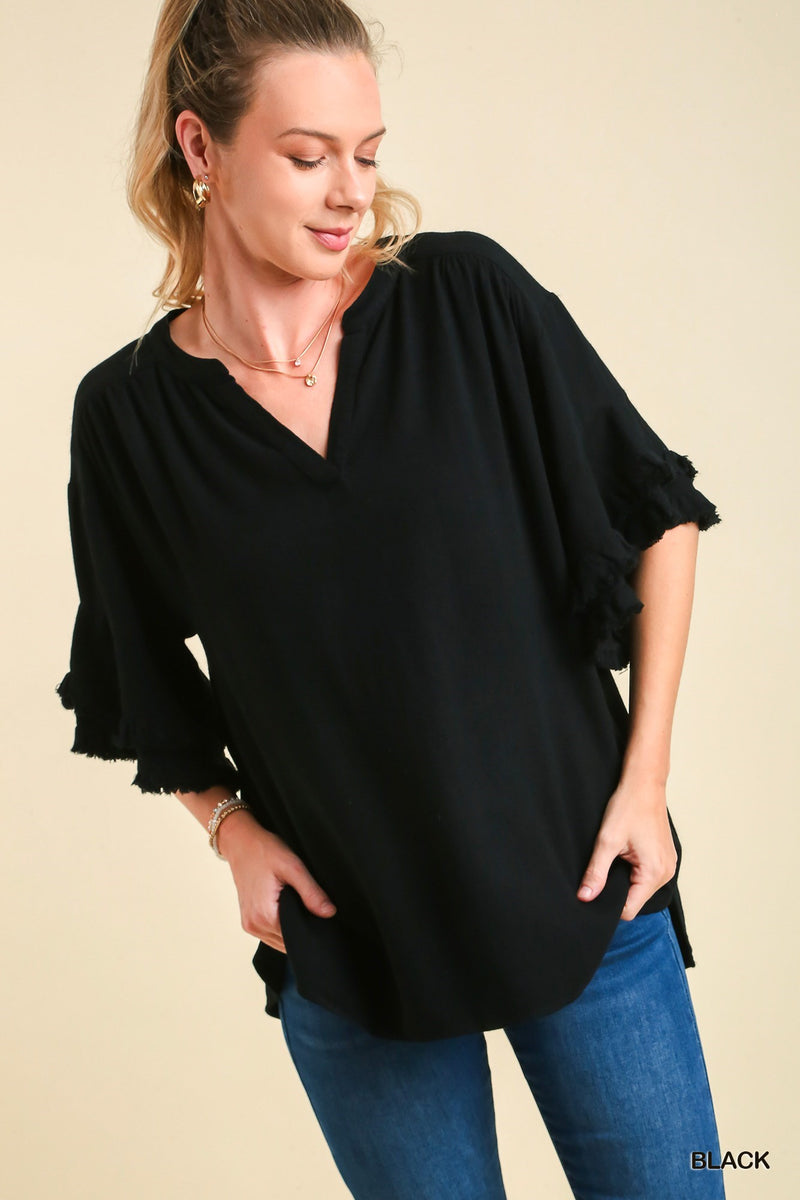 Ruffle Sleeve V-Notch Linen Top