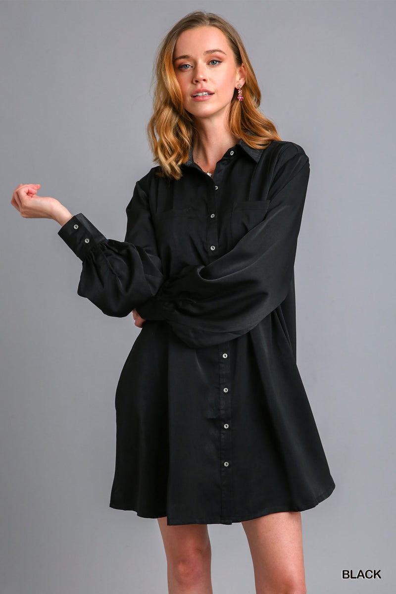 Satin Button Down Shirt Dress - Main Image