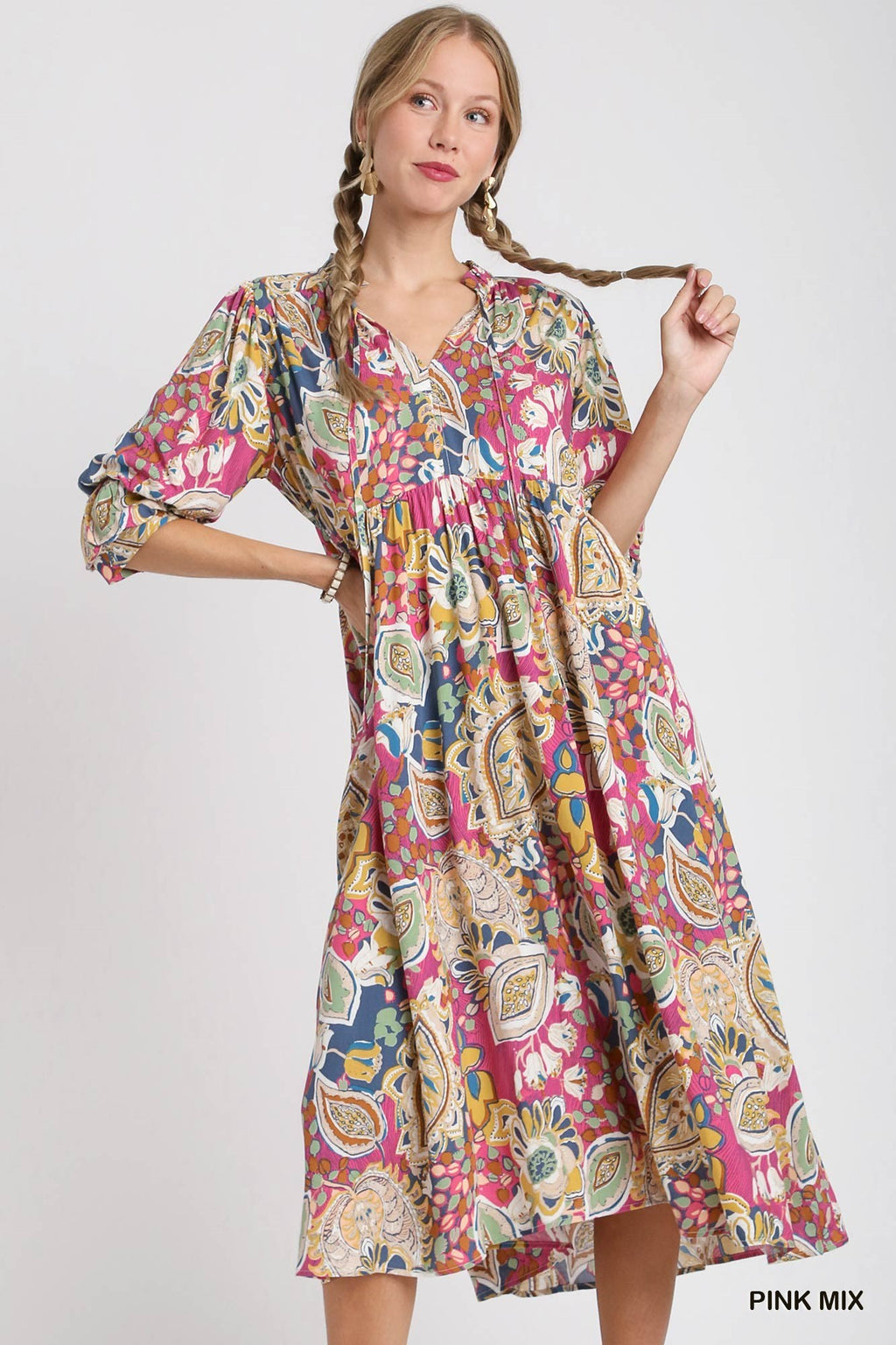 Puff Sleeve Paisley Midi Dress