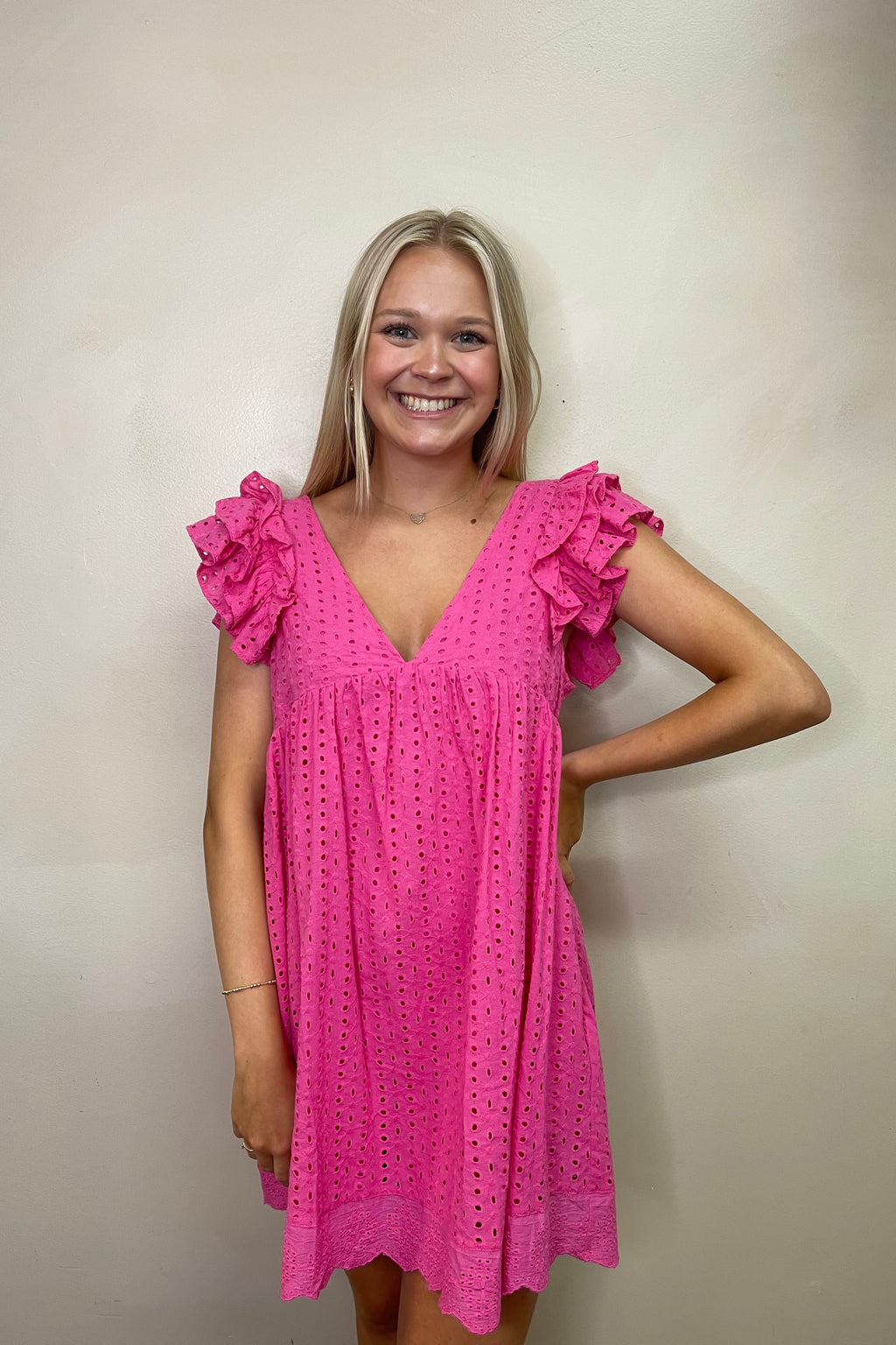 Eyelet Ruffle Shoulder Romper Dress