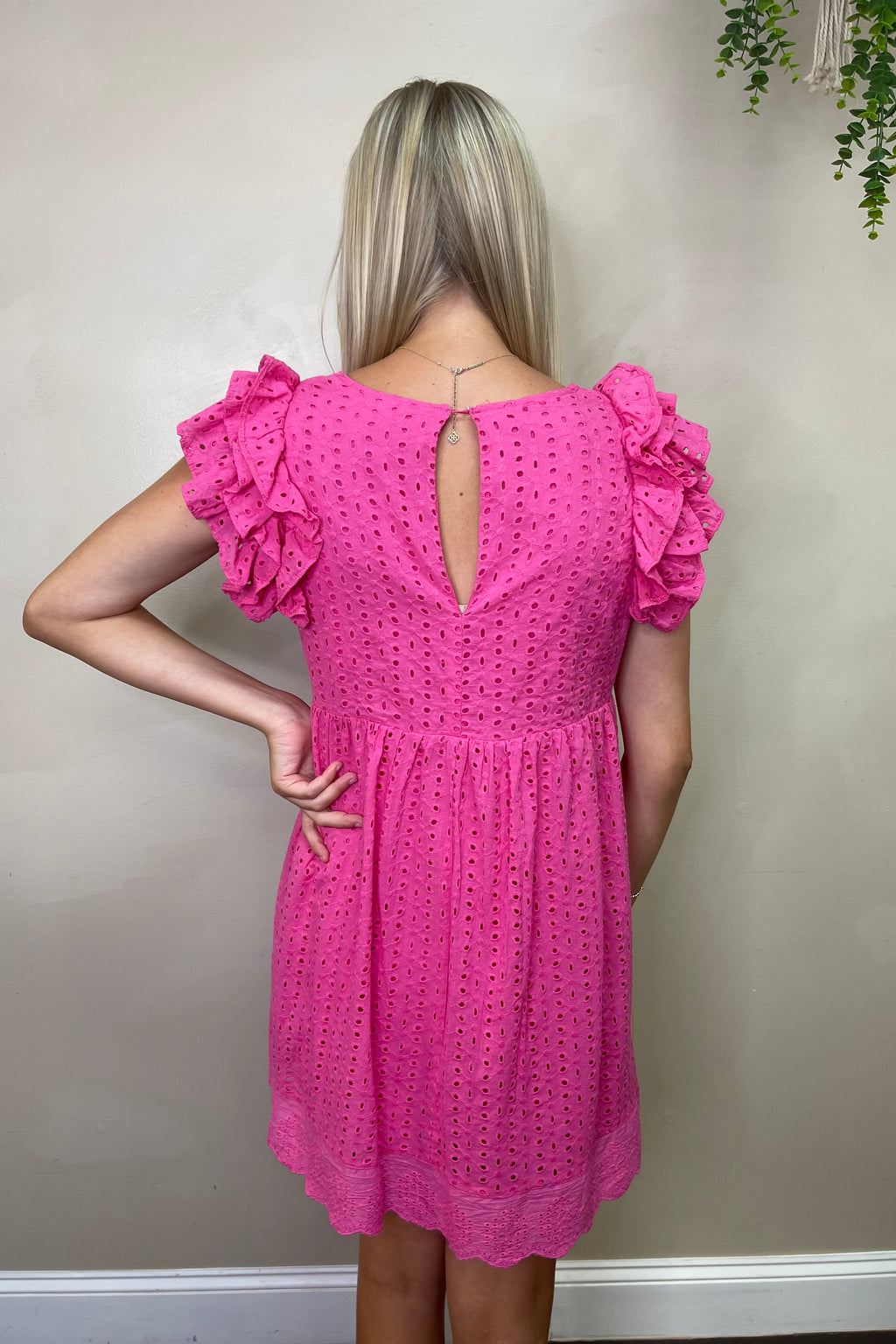 Eyelet Ruffle Shoulder Romper Dress