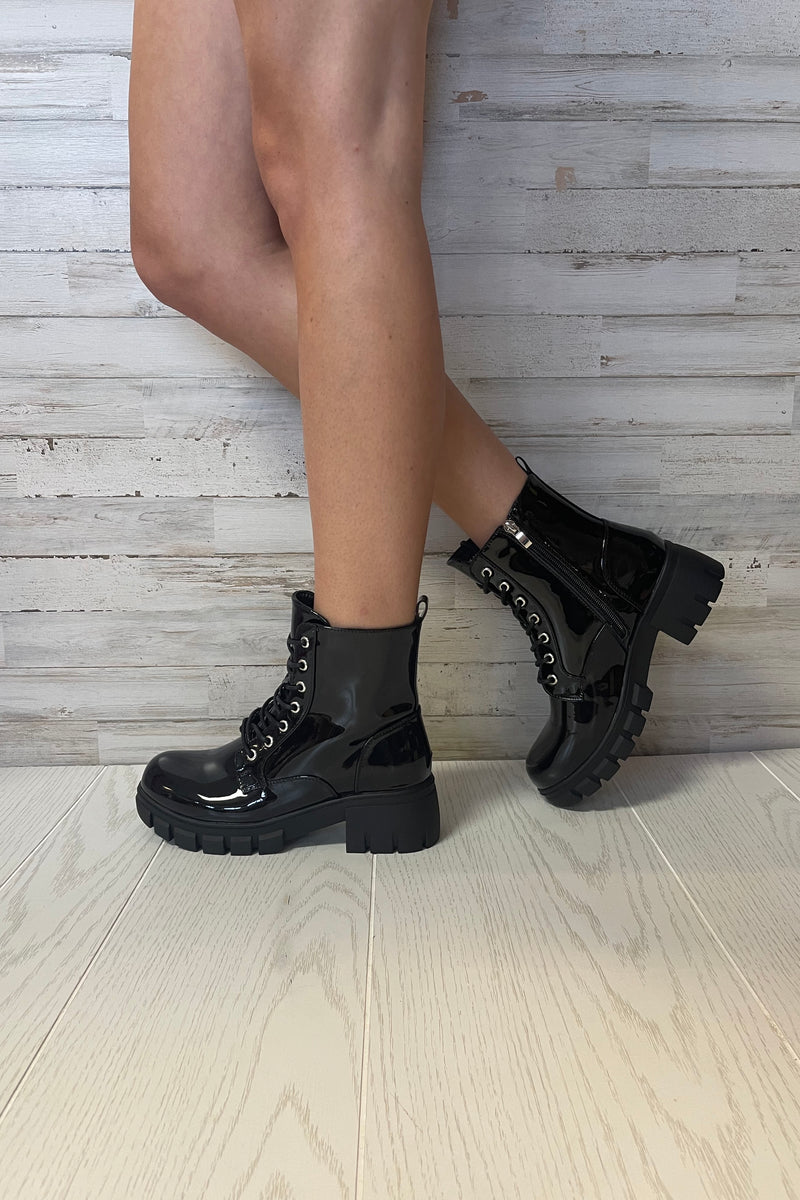 Cray Black Patent Lace Up Booties