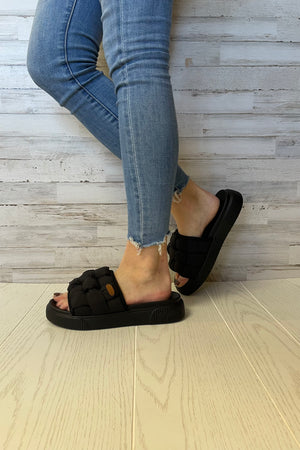 Darcy Puffy Nylon Slide Sandals-Black