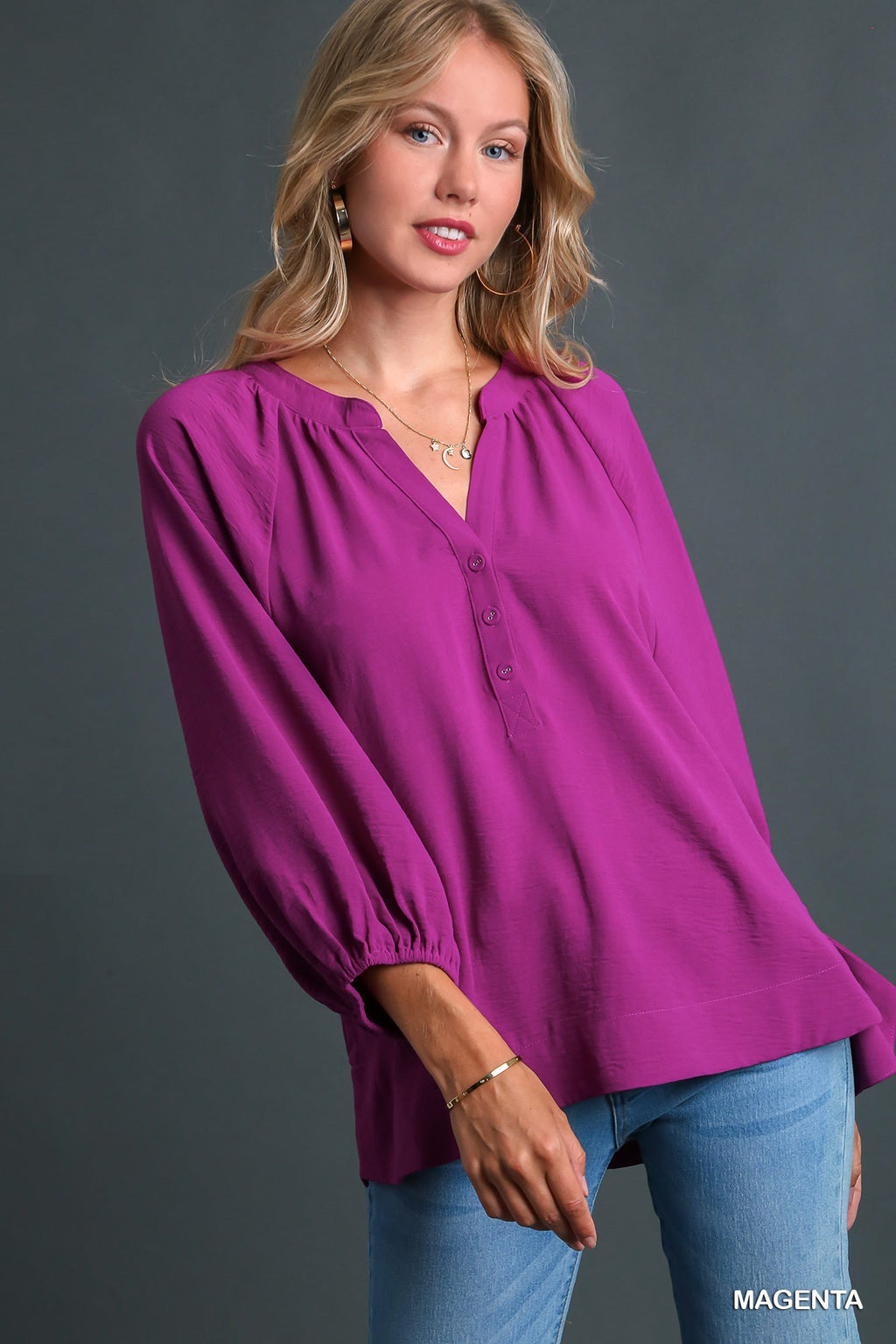 Notch Neck Half Button Top