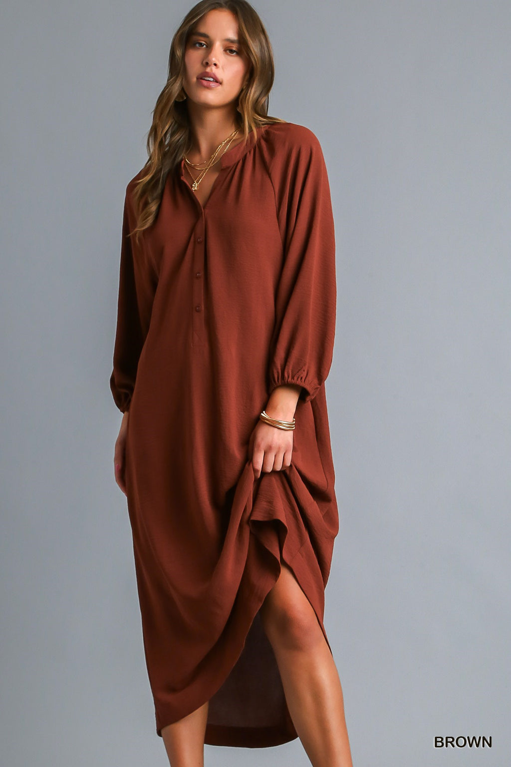Solid Half Button Midi Dress