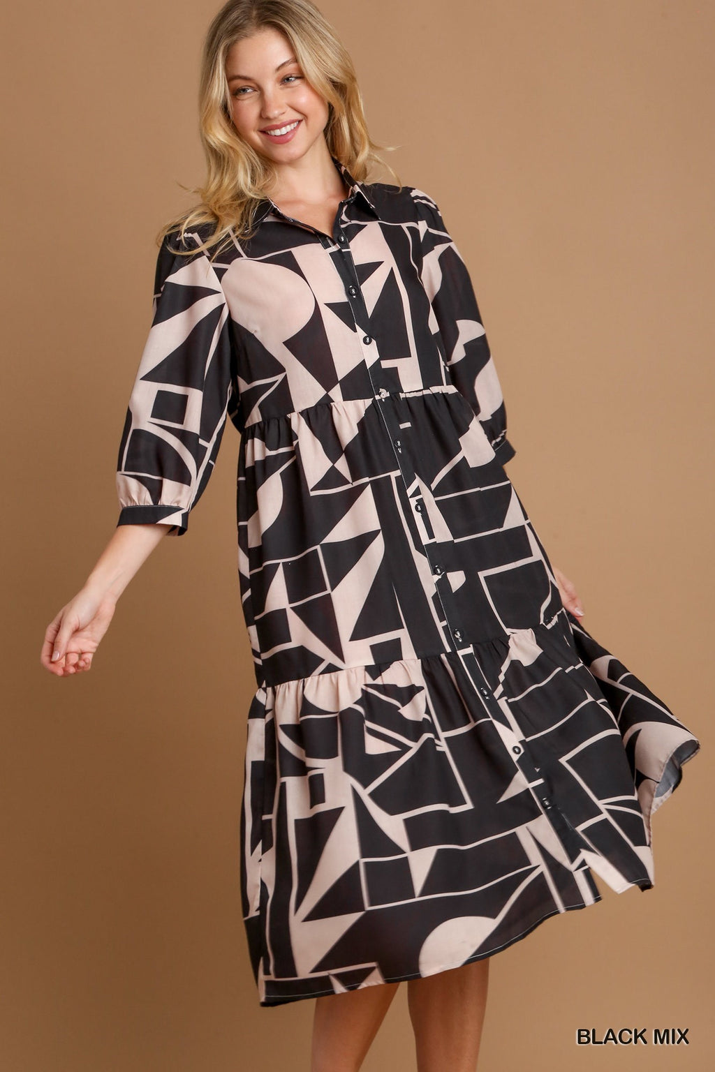 Abstract Print Button Down Midi Dress