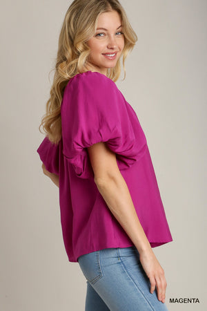 Balloon Sleeve Shirred Pleat Top