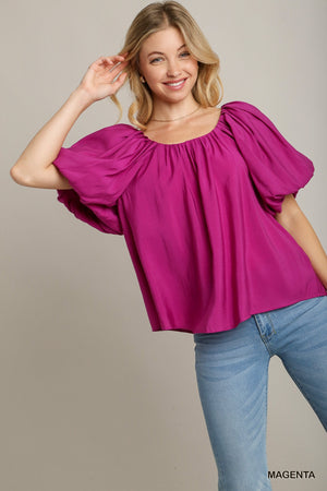 Balloon Sleeve Shirred Pleat Top