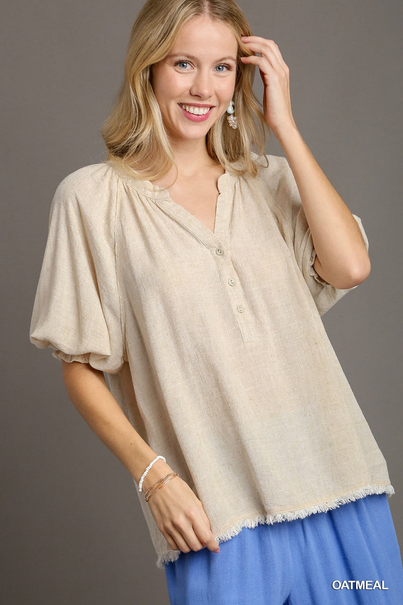 Split Neck Smock Sleeve Linen Top