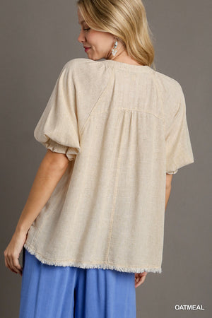 Split Neck Smock Sleeve Linen Top