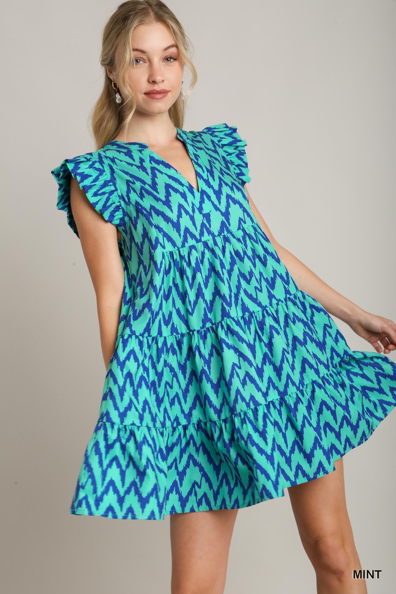 Chevron Ruffle Sleeve Mini Dress Chevron Ruffle Sleeve Mini Dress