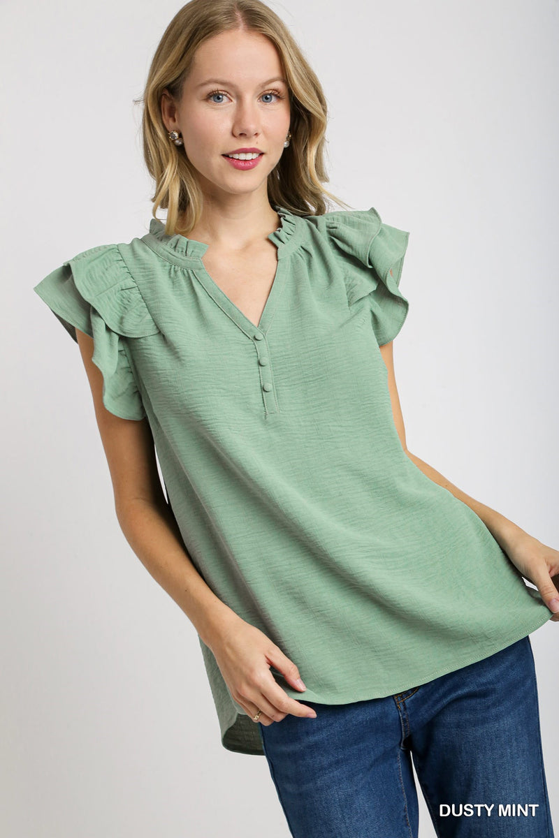 Split Neck Textured Cap Sleeve Top