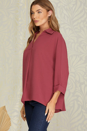 3/4 Sleeve Collared Woven Top