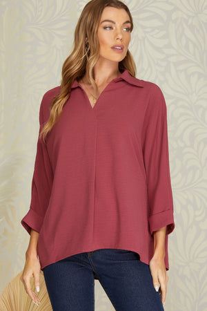 3/4 Sleeve Collared Woven Top